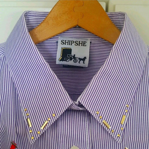 Red Hat Society Purple & White Stripes with Appliques / Bling Button Down Shirt - Picture 7 of 13